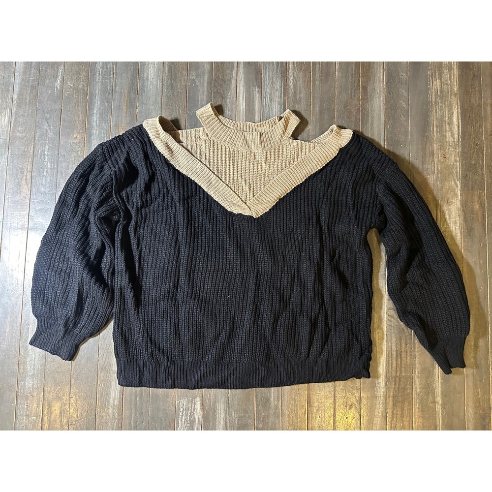 Colorblock Cold Shoulder Mock Neck Ribbed Knit Sweater Black Tan Long‎ Sleeve